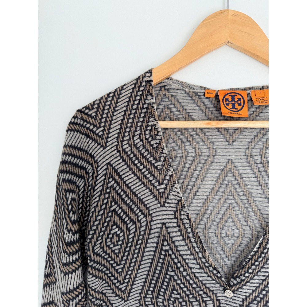 Tory Burch Wool Cardigan Small Gray Tan‎ Geometric Diamond Button Up Sweater